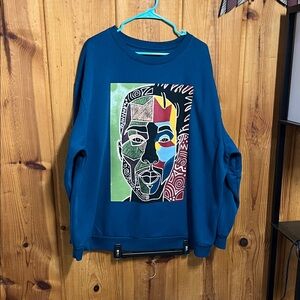 Abstract Face Print Blue Sweater